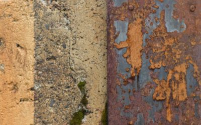 concrete wall and a ragged and rusty sheet metal plate